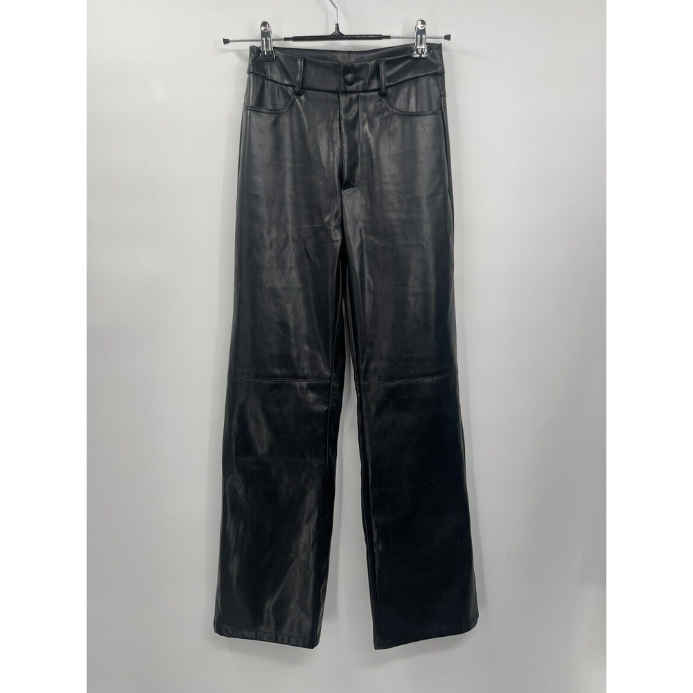 SHEIN XXS Petite Faux‎ Leather Pants Women Black High Waisted Wide Leg Trousers